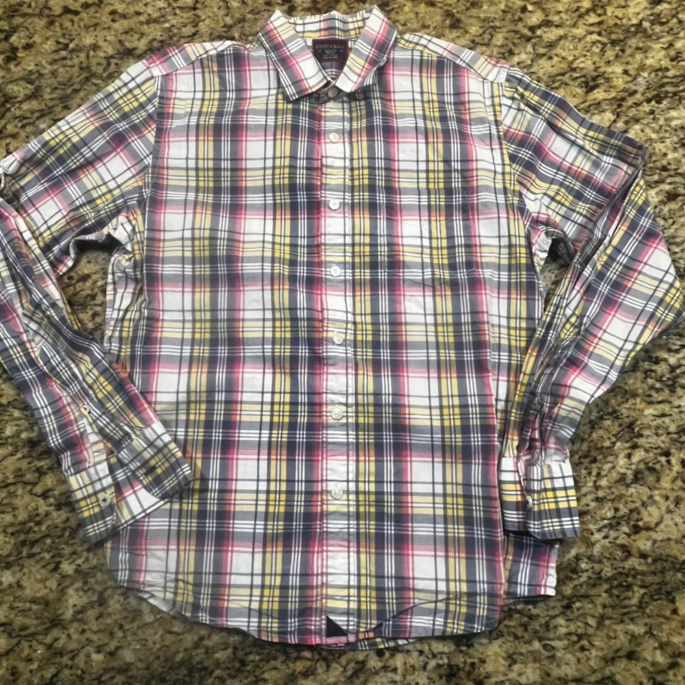 UNTUCKit Mens Slim Fit Plaid Button Down Shirt‎ Medium Navy Yellow Pink Cotton